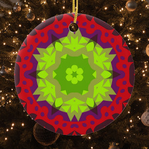 Ornamento De Cerâmica Retro Mandala Flor Verde Vermelho e Roxo