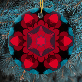 Ornamento De Cerâmica Retro Mandala Flor Vermelho e Azul