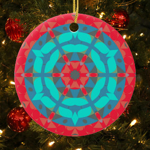 Ornamento De Cerâmica Retro Mandala Flor Vermelho e Azul