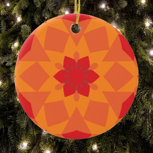 Ornamento De Cerâmica Retro Mandala Flor Vermelho e Laranja