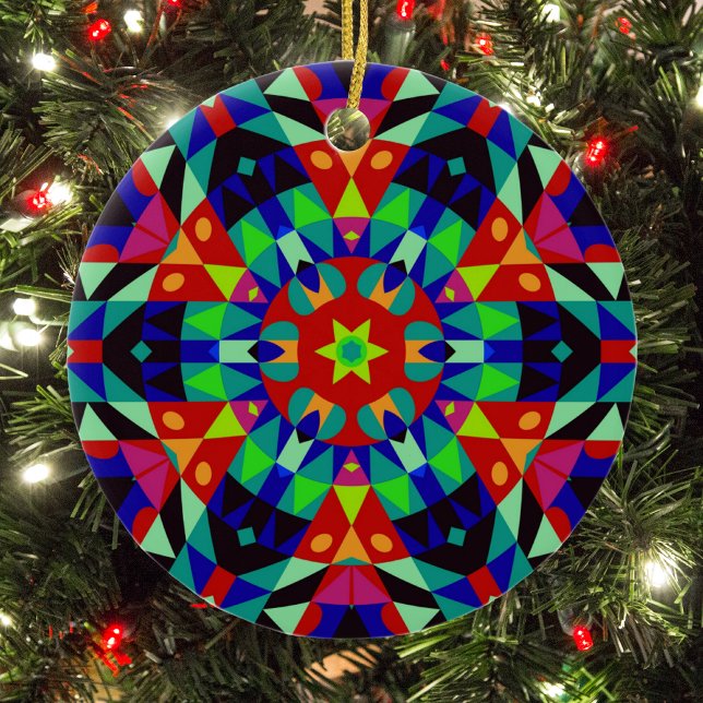 Ornamento De Cerâmica Retro Mandala Flor Vermelho Verde e Azul (Criador carregado)