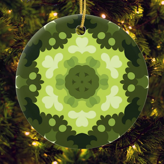 Ornamento De Cerâmica Retro Mandala Green (Green Retro Mandala Christmas Ornament from Wormhole Orbital)