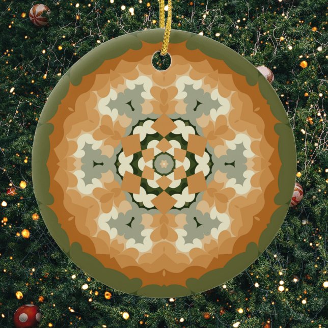 Ornamento De Cerâmica Retro Mandala Laranja Verde (Green and Orange Retro Mandala Ornament by Wormhole Orbital)