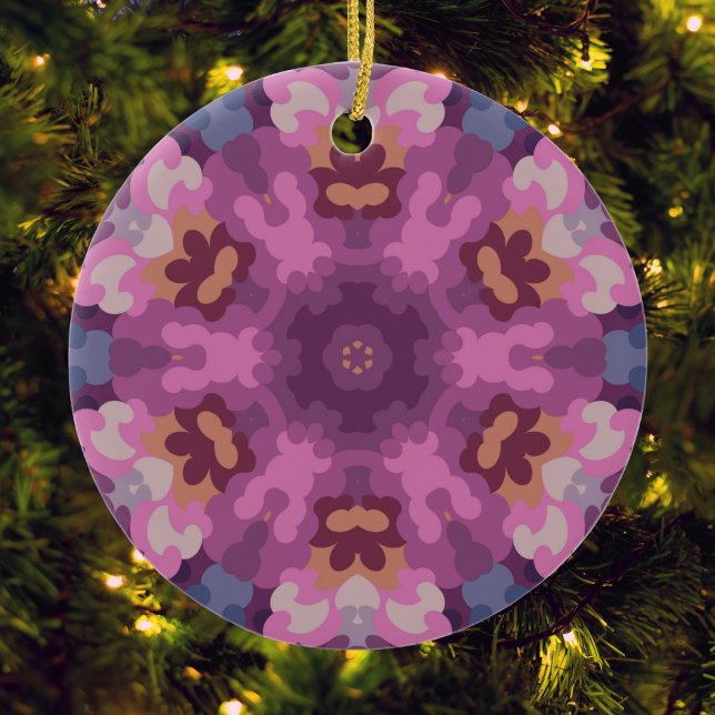 Ornamento De Cerâmica Retro Mandala Púrpura Rosa e Laranja (Purple Pink and Orange Retro Mandala Ornament by Wormhole Orbital)