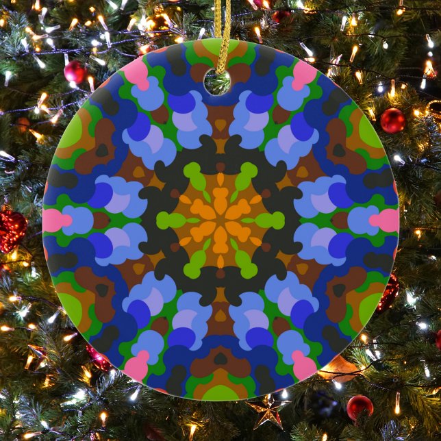 Ornamento De Cerâmica Retro Mandala Verde Azul e Rosa (Green Blue and Pink Retro Mandala Ornament by Wormhole Orbital)