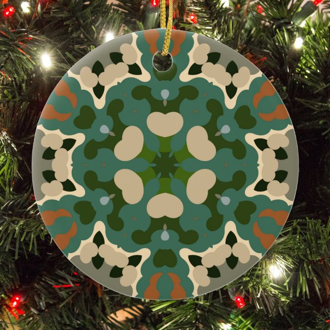 Ornamento De Cerâmica Retro Mandala Verde Castanho e Laranja (Green Brown and Orange Retro Mandala Christmas Ornament from Wormhole Orbital)