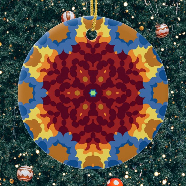 Ornamento De Cerâmica Retro Mandala Vermelho Azul e Amarelo (Red Blue and Yellow Retro Mandala Ornament by Wormhole Orbital)