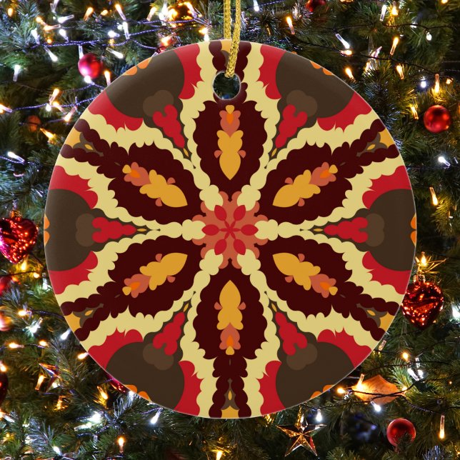 Ornamento De Cerâmica Retro Mandala Vermelho Laranja e Marrom (Red Orange and Brown Retro Mandala Ornament by Wormhole Orbital)
