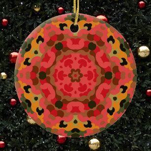 Ornamento De Cerâmica Retro Mandala Vermelho Laranja e Verde