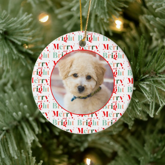 Ornamento De Cerâmica Retro Photo Merry and Bright Christmas (Árvore)