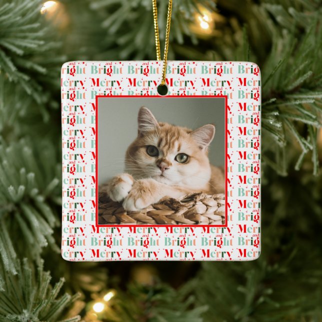 Ornamento De Cerâmica Retro Photo Red Pink Merry and Bright Christmas (Árvore)