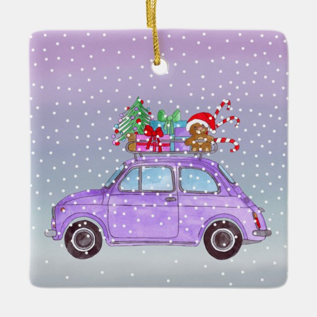 Ornamento De Cerâmica Retro Retro Roxo Fiat 500 com presentes de Natal (Frente)