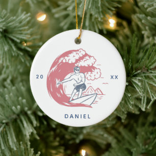 Ornamento De Cerâmica Retro Surfer Boy Beach Vibes Nome e Ano Grande Ond