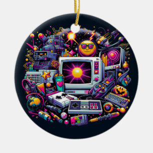 Ornamento De Cerâmica Retro Tech Playground: Uma Odisseia Nostálgica Dos