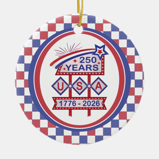 Ornamento De Cerâmica Retro USA 250th Anniversary Marquee Sign 1776-2026 (Frente)