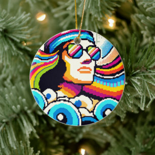 Ornamento De Cerâmica Retro Vibes: Hobbies Groovy na Arte Pixel