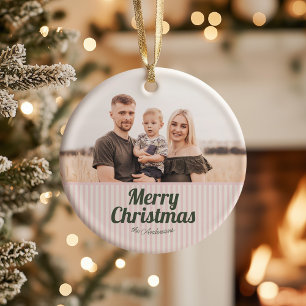 Ornamento De Cerâmica Retro Vintage Rosa Strips Verde Feliz Natal