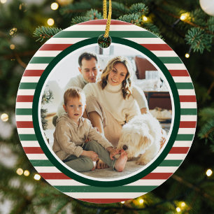 Ornamento De Cerâmica Retro White Stripes Família Foto Feliz Natal