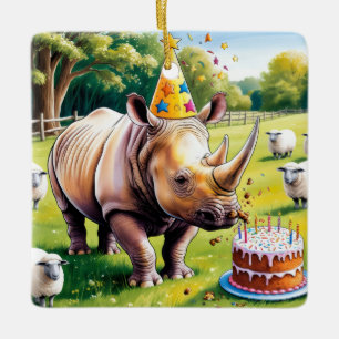 Ornamento De Cerâmica Rhino vestindo chapéu de aniversário no país inglê