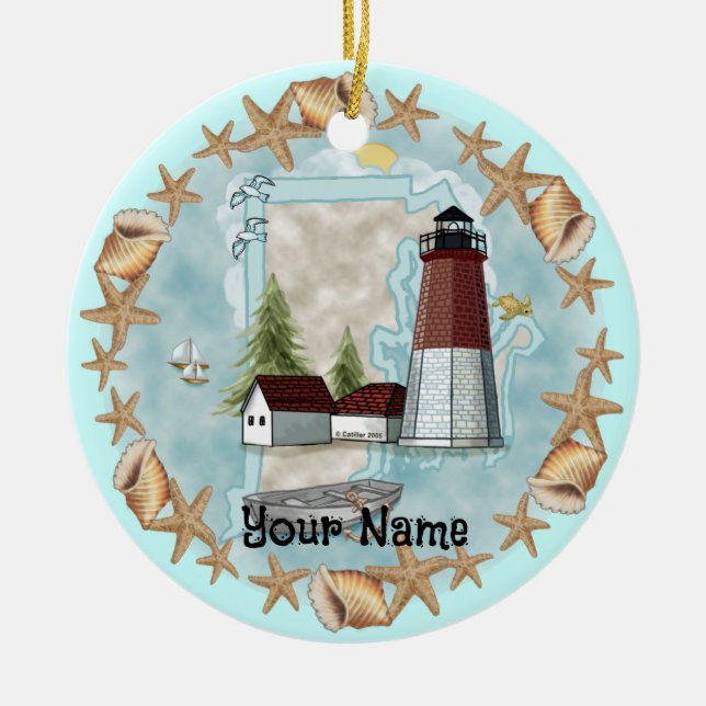 Ornamento De Cerâmica Rhode Island Shell Lighthouse nome personalizado O (Frente)
