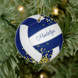 Ornamento De Cerâmica rico azul de voleibol branco com estrelas de ouro