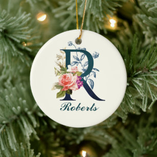 Ornamento De Cerâmica Rico Floral Monograma - Letra R