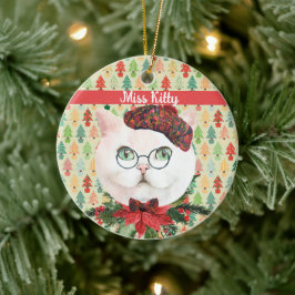 Ornamento De Cerâmica Rico White Cat & Poinsettia Personalizada