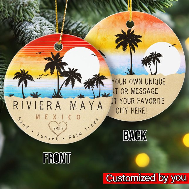 Ornamento De Cerâmica Riviera Maya México Retro Sunset Palm tree 60s (Criador carregado)
