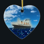 Ornamento De Cerâmica RMS Titanic Glittering Blue Sea Photo Name Data<br><div class="desc">Titanic RMS Titanic Glittering Blue Sea Photo Name Ornament (Nome de Foto do Mar Azul) Data. Para o casal que gosta de filmes e livros Titanic,  este design pode ser personalizado com sua foto,  nomes e data. Um amor romântico pela sua árvore de Natal.</div>
