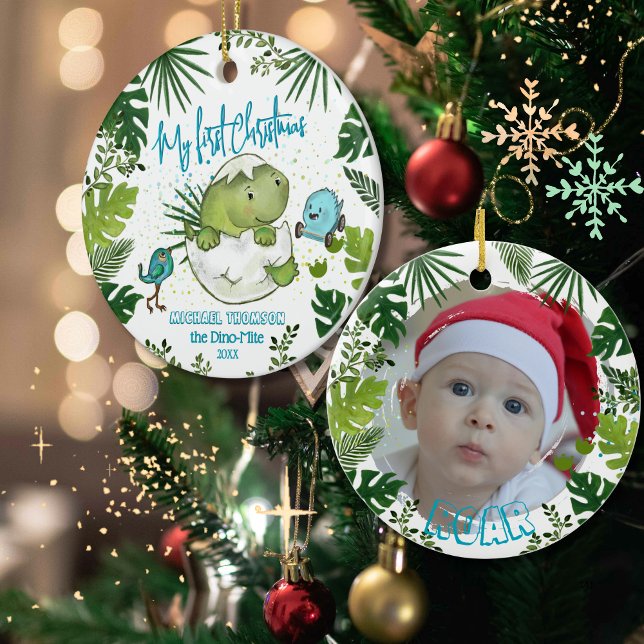 Ornamento De Cerâmica ROAR-some Baby's First Christmas Photo  (ROAR-some Baby's First Christmas Photo Ceramic Ornament)