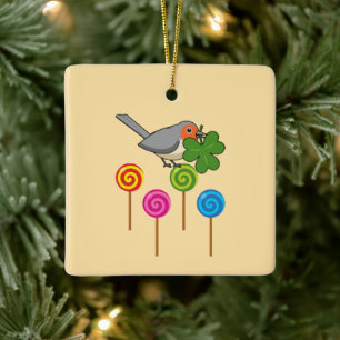 Ornamento De Cerâmica Robin Bird com Trevo e Pirulitos Coloridos