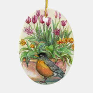 Ornamento De Cerâmica Robin e Tulips