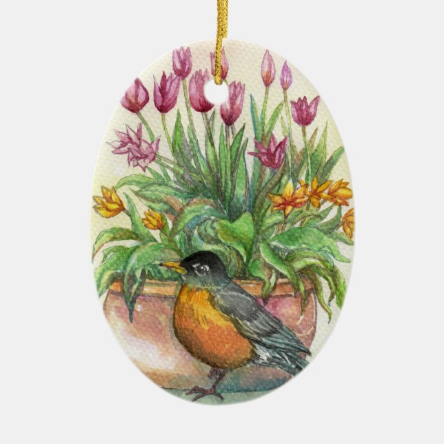 Ornamento De Cerâmica Robin e Tulips (Frente)