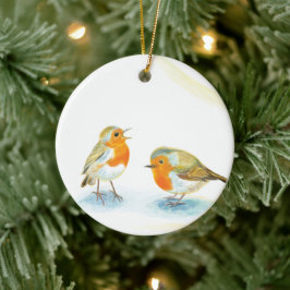 Ornamento De Cerâmica Robins vermelhos no inverno