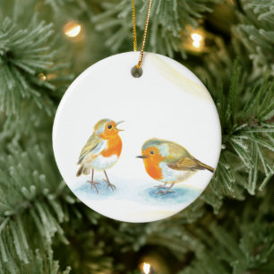 Ornamento De Cerâmica Robins vermelhos no inverno