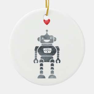 Ornamento De Cerâmica Robô doce e feliz com pequeno coração vermelho