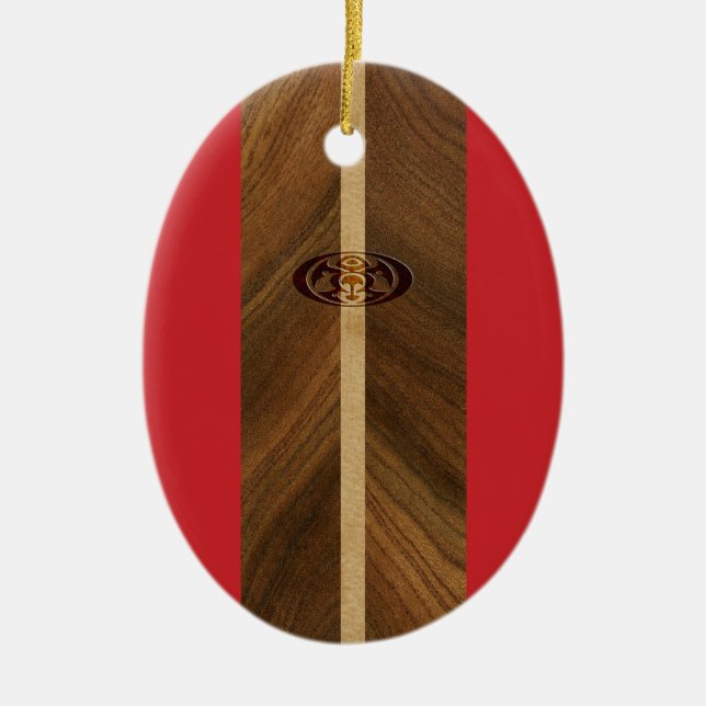 Ornamento De Cerâmica Rocky Point Havaiano Faux Wood Surfboard (Frente)