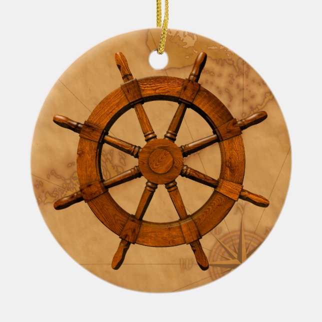Ornamento De Cerâmica Roda de madeira do navio (Frente)