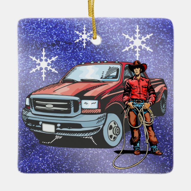 Ornamento De Cerâmica Rodeo Ocidental Cowboy E Truck No Natal (Frente)
