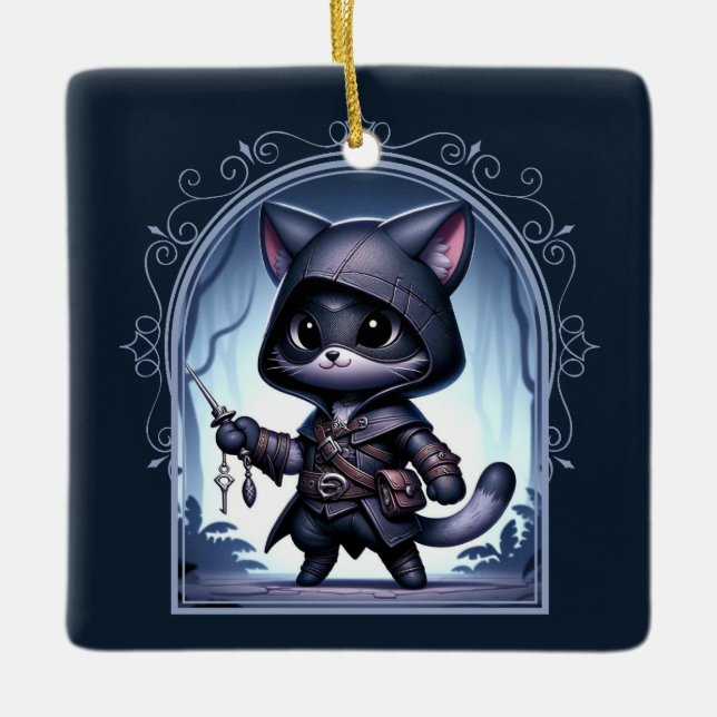 Ornamento De Cerâmica Rogue Feline Fantasy Adventure (Frente)