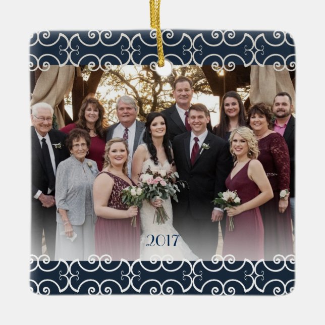 Ornamento De Cerâmica Rolos Elegantes Azuis de Marinho Lado e Personaliz (Frente)