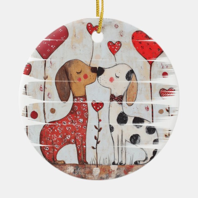 Ornamento De Cerâmica Romantic Dogs with Heart Balloons (Frente)