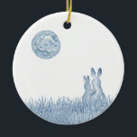 Ornamento De Cerâmica Romantic Snuggle Bunny Love Blue Moon Personalize<br><div class="desc">Celebrate the wedding of newlyweds with a ceramic ornament perfect for Christmas or as cute decor. My watercolor painting in classic blue and white shows a cute romantic bunny rabbit couple under a big blue moon with a heart design. Simple and heartfelt, the ornament reverses to feature the couple's names...</div>