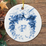 Ornamento De Cerâmica Romantic Wreath•Doves<br><div class="desc">Romantic wreath with two doves in blue.  Customizable text template at right.</div>