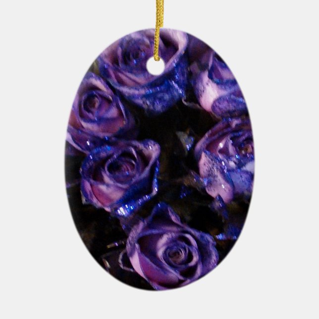 Ornamento De Cerâmica Romântica Namorados Roxo Rosas (Frente)