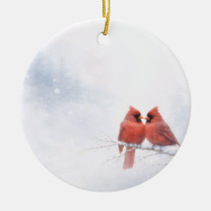 Ornamento De Cerâmica Romântico cartão de Natal aquarela com Cardinals V