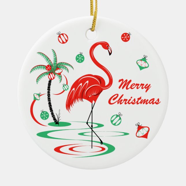 Ornamento De Cerâmica Ronda de Natal Flamingo de Natal Vermelho (Frente)