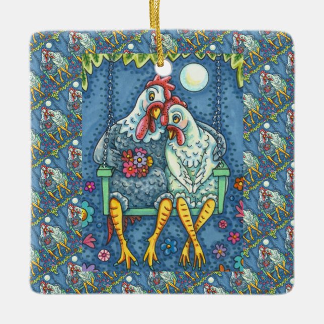 ORNAMENTO DE CERÂMICA ROOSTER HEN CANOODLES, DOCES DE FRANGO (Frente)