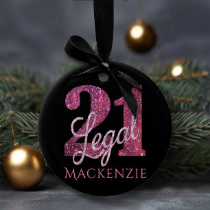 Ornamento De Cerâmica Rosa 21 e Legal Modern Name aniversário de 21 a