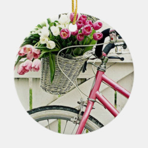 ORNAMENTO DE CERÂMICA ROSA "BICICLETA" COM FLORES DE CESCO